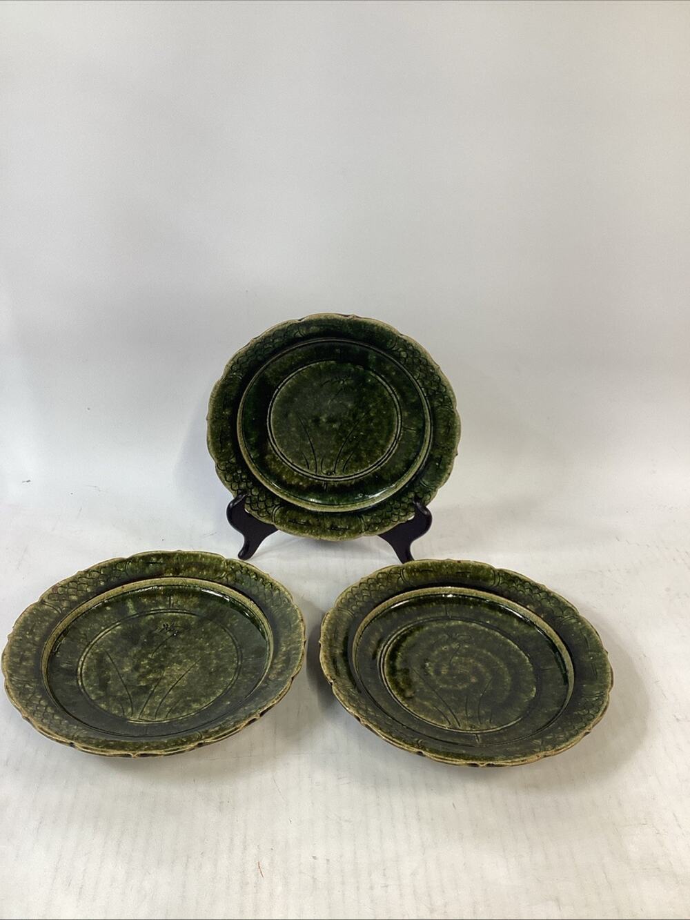 Handmade Hand Painted Dark Green Soup Salad Bowls - 8.25”D